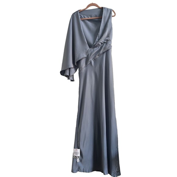 ASOS Satin Drape Maxi Dress Asymmetric Exaggerated Sleeve Dusky Blue Sz 8 - Picture 7 of 10